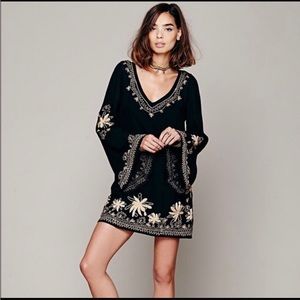 Free People black long sleeve V-neck tunic dress with gold embroidery